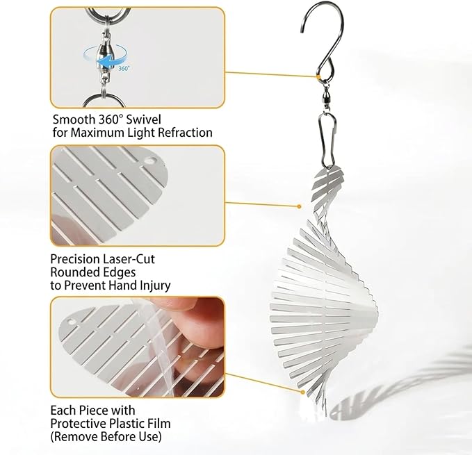 12PCS Stainless Steel Bird Deterrent Wind Spinners for Outside – Reflective Outdoor Bird Repellent Hanging Ornaments, Humane Pigeon Scarer for Yard Garden, Balcony, Patio, Roof & Window (12, Spiral)