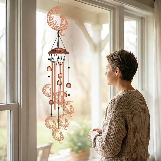 Wind Chimes for Outside, Cat Moon Aluminum Tube Windchime Melodious Melodic for Porch Patio Garden Decor, Unique Metal Memorial Wind Chimes Housewarming Gifts for Friends and Family