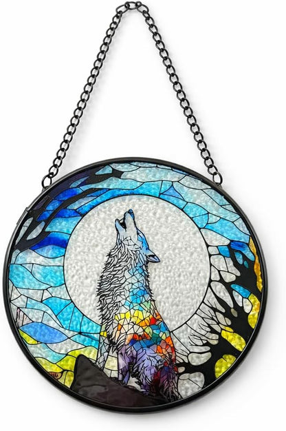 Stained Glass Window Hanging, Stained Glass Suncatcher, Wolf Sun Catcher with Metal Chain, Window Decor for Home Garden, Wolf Lover Gift, Housewarming, Christmas or Birthday Gift (Black)