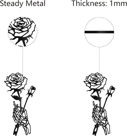CREATCABIN Skeleton Hand Rose Wall Decor Flower Metal Wall Art Minimalist Halloween Gothic Line Art Skull Unique Love Hanging Sculpture for Wall Valentine's Day Home Decor Black 11.8 x 5.9 inch