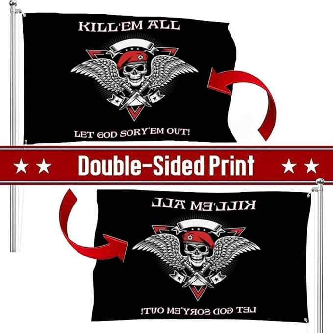 Swono Military Skull Flag 3x5 ft Skeleton With Wings Dagger Kill Em Them All Let God Flag for Outdoor Indoor Office Workplace Home Garden Business