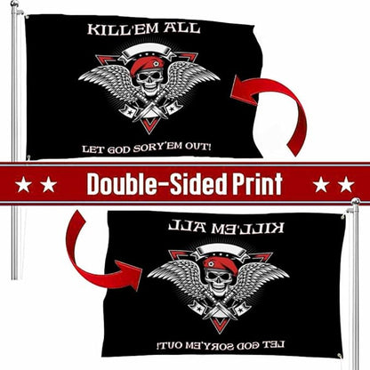 Swono Military Skull Flag 3x5 ft Skeleton With Wings Dagger Kill Em Them All Let God Flag for Outdoor Indoor Office Workplace Home Garden Business