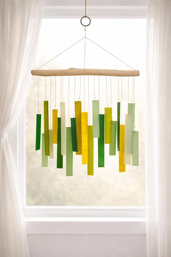 Glass Wind Chime, Large 20″ – Green Harmony Recycled Glass & Driftwood Hanging Chime for Porch, Patio & Home