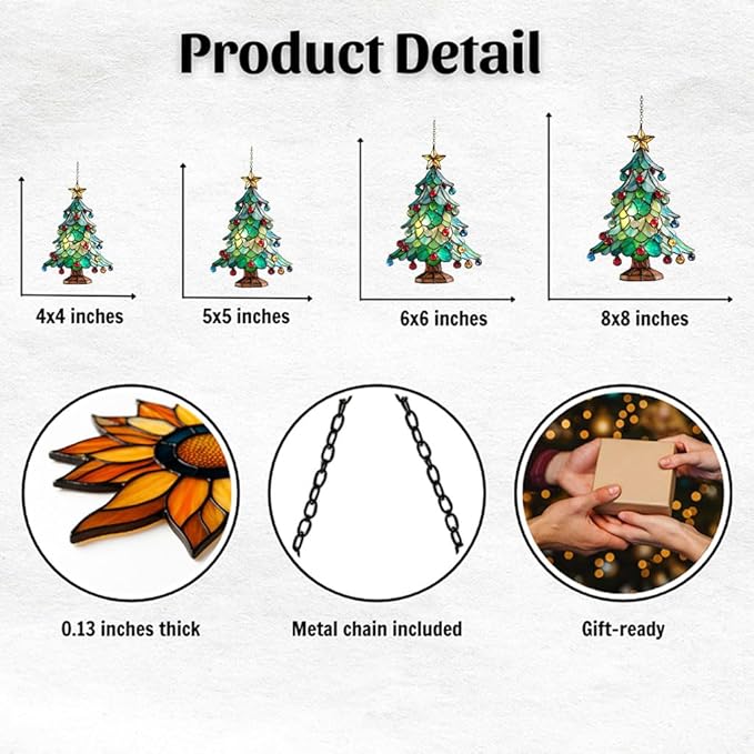 Mosaic Style Christmas Tree Ornaments Acrylic Suncatcher Stained Glass Effect Window Car Hanging Christmas Ornament Indoor Outdoor Decor Garden Sun Catcher Panel for Women Mom Grandma