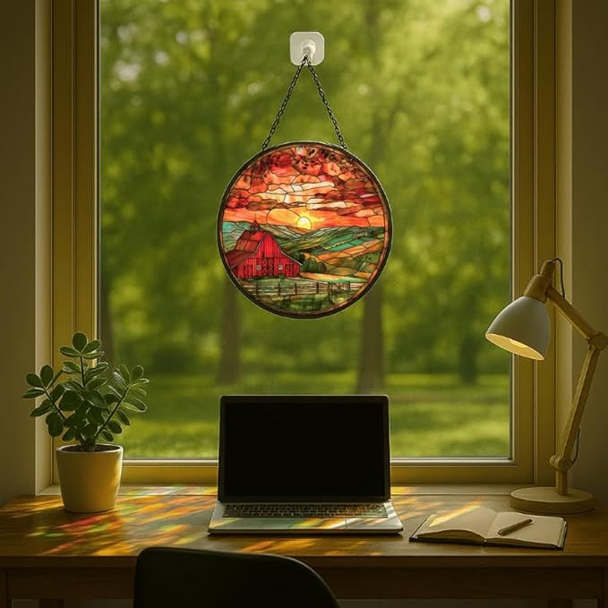 Stained Glass Window Hanging - 6.3in Barn Farmhouse at Sunset Sun Catchers Indoor Stained Glass Panels Wall Decor for Mom，Wife，Lovers，Festive