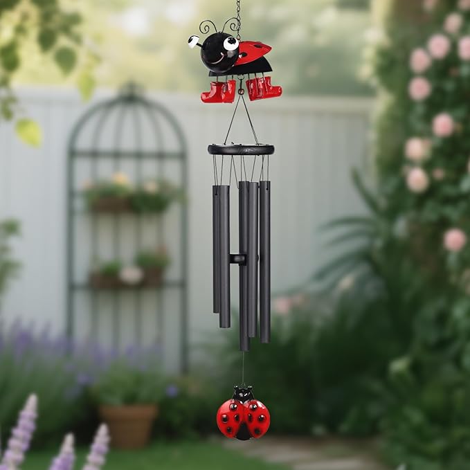 Ladybug Wind Chimes for Outside Metal Cute Beetle with Spinning Feet, Black Aluminum Tubes, Garden Yard Hanging Decor Wind Chimes, for Women, Men, Kids and Nature Lovers