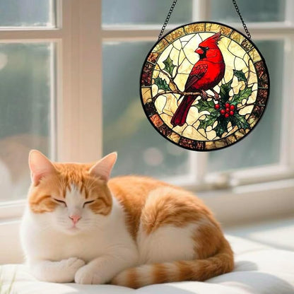 Stained Glass Window Hanging Ornament, The Red Bird Stopped on The Branch 6.3 Inches Suncatcher for Window Home Decor Bithday Christmas Monther's Day Gifts for Women Men and Mom