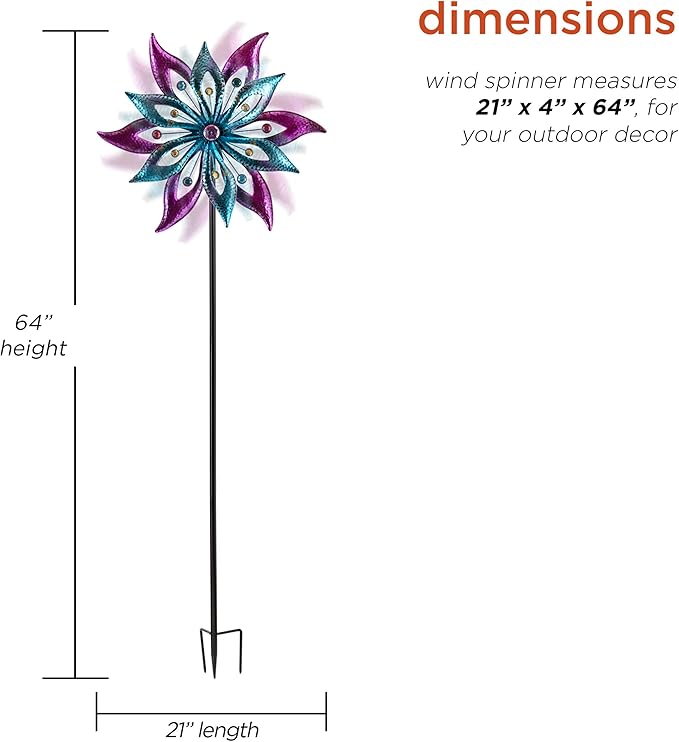 Alpine Corporation 64" Tall Outdoor Floral Windmill Stake with Gems Kinetic Spinner, Purple and Aqua