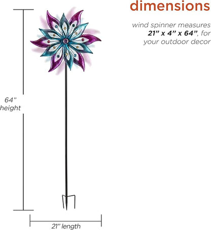 Alpine Corporation 64" Tall Outdoor Floral Windmill Stake with Gems Kinetic Spinner, Purple and Aqua