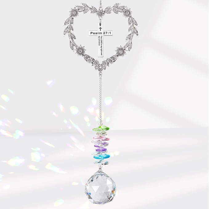 Christian Gifts for Women, Heart-Shaped Suncatcher with Cross - Religious Birthday Ornament with Scripture The Lord is My Light and My Salvation - Inspirational Catholic Spiritual Gifts