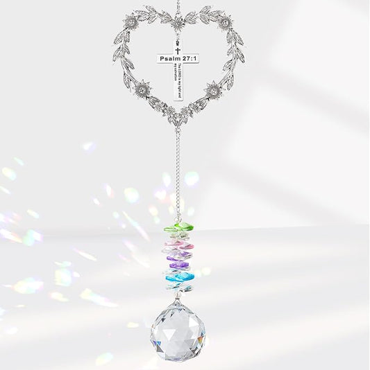 Christian Gifts for Women, Heart-Shaped Suncatcher with Cross - Religious Birthday Ornament with Scripture The Lord is My Light and My Salvation - Inspirational Catholic Spiritual Gifts