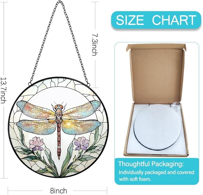 Dragonfly Stained Glass Suncatcher Window Hanging - 8” Dragonfly Flower Suncatchers for Windows Hanging - Handmade Sun Catchers Indoor Wall Decor Glass Panel Ornament Mothers Day for Mom Grandma Gift