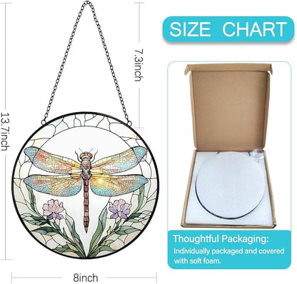Dragonfly Stained Glass Suncatcher Window Hanging - 8” Dragonfly Flower Suncatchers for Windows Hanging - Handmade Sun Catchers Indoor Wall Decor Glass Panel Ornament Mothers Day for Mom Grandma Gift