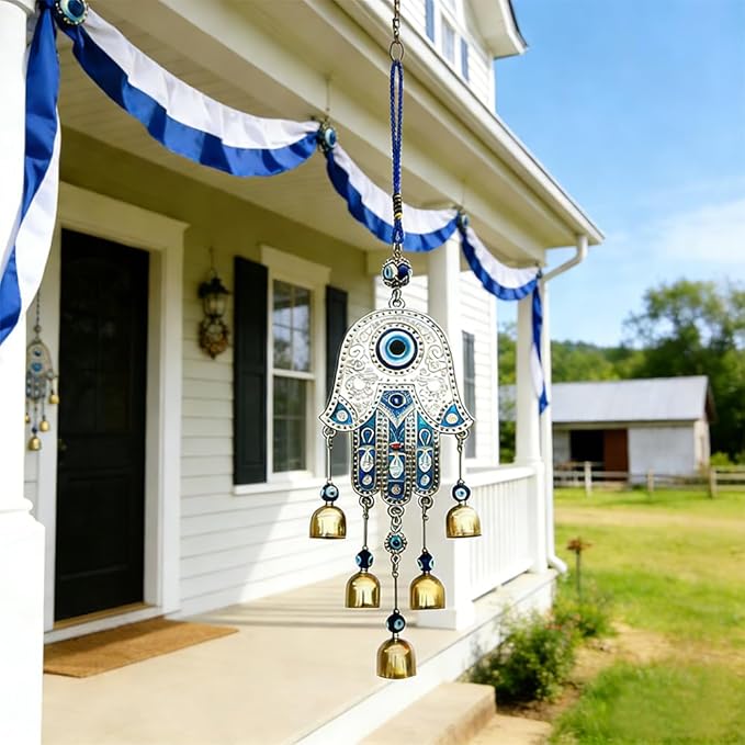 Evil Eye Metal Wind Chimes with Bell, Handing Wind Chime for Home Decoration Accessories, Blue Lucky Evil Eye Wall Decor Pendant for Indoor