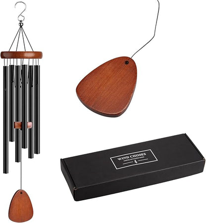 Wind Chimes for Outside Large Outdoor - Memorial Wind Chime Large Deep Tone, Wooden Black Aluminum Chime with 6 Tuned Tubes, Great as a Gift for Home Decor, Patio, Garden and Backyard
