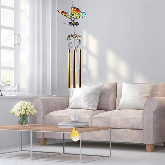 AVEKI Iron Stained Glass Butterfly Wind Chimes - 27.5''H, Gifts for Mom, Outdoor/Indoor, Home, Garden, Window, Yard, Patio, Lawn Decoration (Yellow)