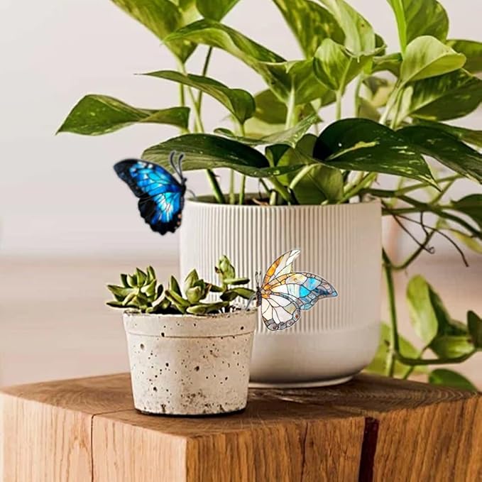 JOONOR 2 Pieces Stained Acrylic Butterfly Flower Pot Hugger Cute Animal Statue for Planter Hanger Decorations Outdoor Fairy Garden Planter Edge Accessories,Butterfly