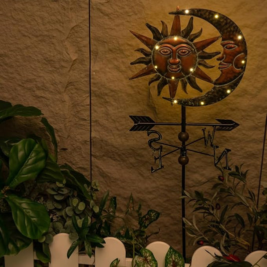 TERESA'S COLLECTIONS Sun & Moon Face Solar Outdoor Lights, Metal Decorative Stake Weathervane Garden Decor for Outside, Yard Decorations Outdoor Lawn Ornaments for Porch Decor Gifts for Mom, 40"