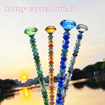 255Pcs Beaded Garden Stakes Kit with 225 Large Hole Beads, 12IN DIY Fairy Wand Kit for Different Holidays, Fairy Garden Accessories Outdoor, Beadable Items (Crystal Diamond)