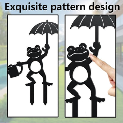WADORN Watering Frog with Umbrella Decorative Silhouette Garden Stakes, Metal Frog Animals Stakes Statues Ornaments Lovers Gifts Yard Art Black Silhouette Yard Outside Decor, 10.2x14.2 Inch