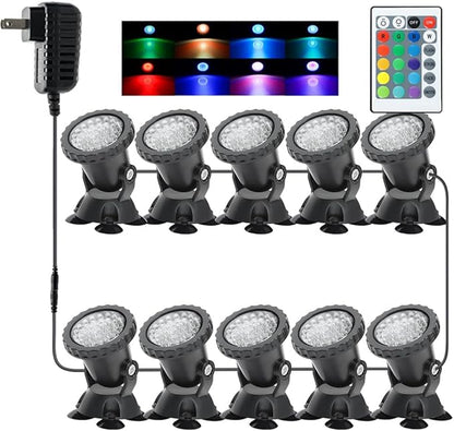 Outdoor Spotlight Pond Lights, Submersible Fountain Lights Memory Dimmable Underwater Colored Yard Spot Light IP68 Waterproof for Garden Lawn Porch Landscape (10 Lights)