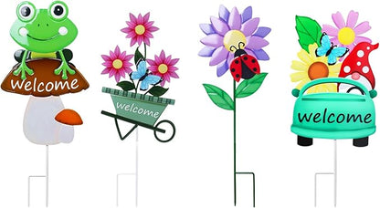 WONDER GARDEN Welcome Decorative Garden Stakes, 4Pcs Flower Metal Yard Signs Lawn Stake with Frog, Mushroom, Gnome, Butterfly and Ladybug for Outdoor Decorations