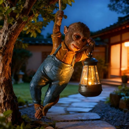 Outdoor Monkey Sculpture Hanging Monkey Garden Statue with Solar Lantern, 13 x 5.5 x 3.93 inches, Decorative Resin Outdoor Sculpture