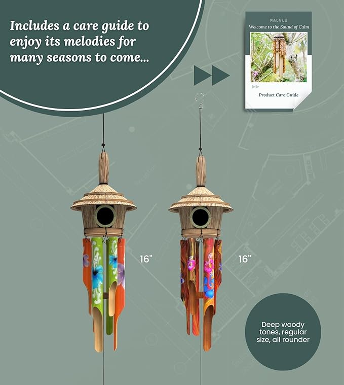 Nalulu Flory Bamboo Wind Chimes - Oustide Outdoor Wooden Windchimes with Birdhouse, Handcrafted with Calming Deep Tones, Ideal Home Decor or Gift for Him and Her