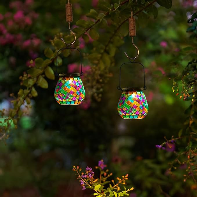 Stargarden 2 Pack Mosaic Solar Lanterns Outdoor Waterproof, Colorful Glass Hanging Lantern Decorative Solar Lights for Yard, Patio, Lawn, Gaden Decor