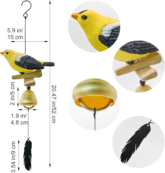 MrMrKura Bird Wind Chimes, Metal Wind Bell Pendent for Outside Hanging Wind Chime with Feather Ornament for Bless Garden Backyard Home Decor (Yellow)