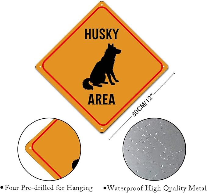 Warning Husky Area Metal Tin Sign Husky Dog Caution Crossing Xing Street Sign Yellow Diamond Shape Funny Metal Sign For Indoor Outdoor Highway12x12in
