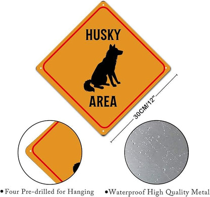 Warning Husky Area Metal Tin Sign Husky Dog Caution Crossing Xing Street Sign Yellow Diamond Shape Funny Metal Sign For Indoor Outdoor Highway12x12in