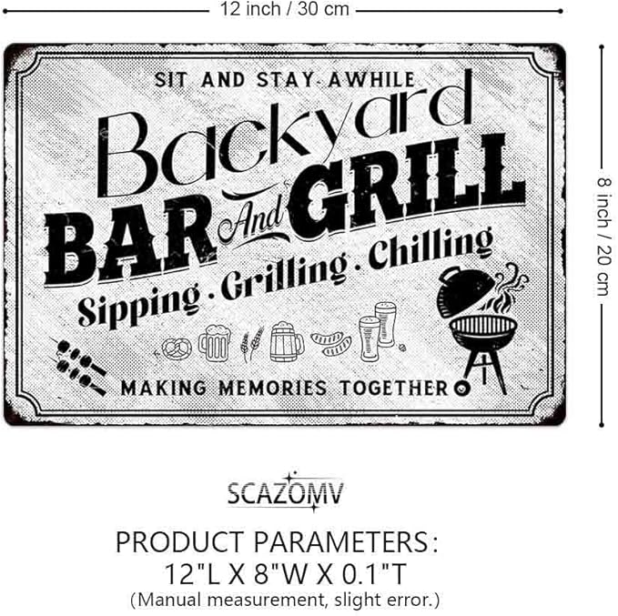SCAZOMV Backyard Bar & Grill Metal Sign - Indoor/Outdoor Patio Signs For Backyard - Funny Signs For Home Barbecue And Grill Decor, Bar Signs For Home Bar, Backyard Bar Patio Accessories
