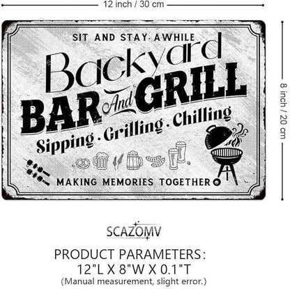 SCAZOMV Backyard Bar & Grill Metal Sign - Indoor/Outdoor Patio Signs For Backyard - Funny Signs For Home Barbecue And Grill Decor, Bar Signs For Home Bar, Backyard Bar Patio Accessories