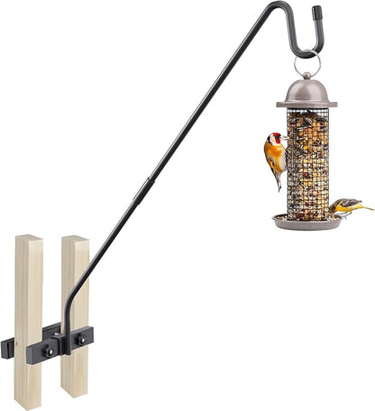 Deck Hook Railing Mount - Heavy Duty Metal Shepherds Hook Bracket for Outdoor Plant Hanger, Bird Feeder Hanger, Plant Hooks, Flower Baskets, Lanterns - 360° Rotating Pole, Extended Arm