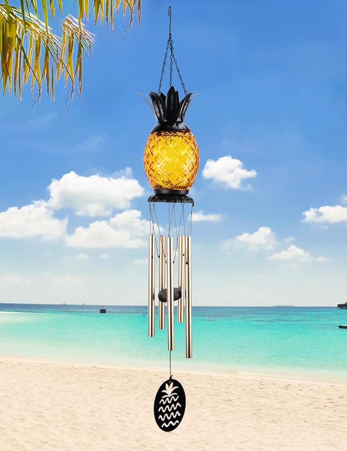 MUMTOP Solar Wind Chime Pineapple Solar LED Light Tropical Windchimes Decorative Hanging Wind Bell for Porch Patio and Garden Decor