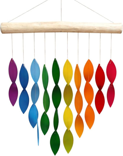 OMA Rainbow Waterfall Glass Wind Chime – Sandblasted Recycled Glass & Driftwood, Handcrafted Large 20″ Chime for Porch, Patio & Home