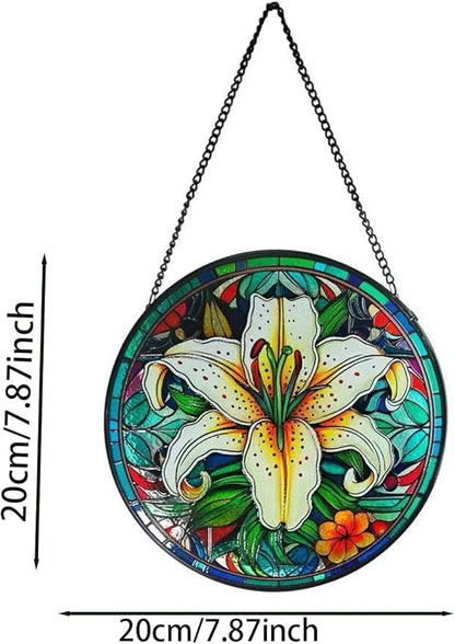Colorful 7.87'' Lily Flowers Stained Glass Window Hanging - Sun Catcher for Indoor Window Decor, Garden, or as Thoughtful Gifts for Women, Wife, Mom on Party, Birthday, Housewarming