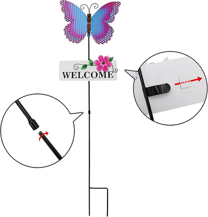 Garden Decor Metal Welcome Yard Stakes Spring Lawn Art Patio Decorative Plant Stake for Flower Pot Pathway Porch Backyard Indoor Outdoor Decoration (Butterfly)
