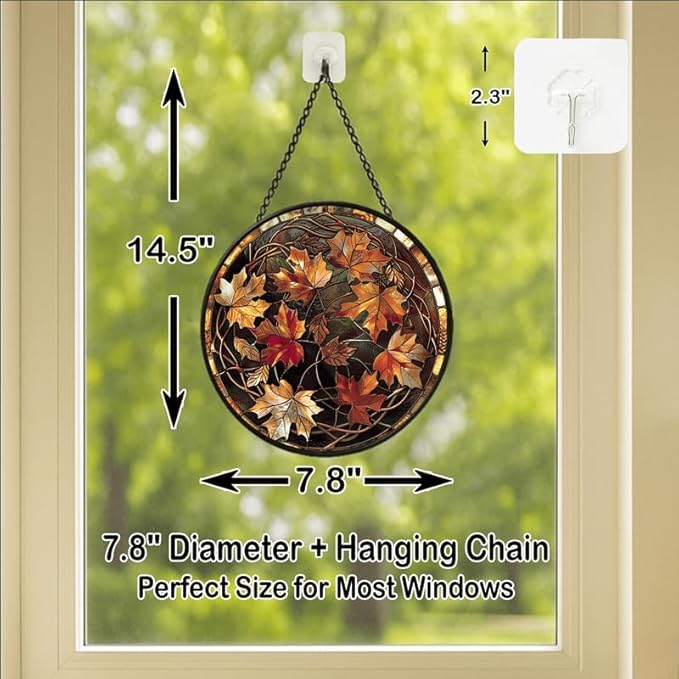 Round Autumn Maple Leaves Stained Glass Window Hanging Panel 7.8in – Elegant Fall Theme Suncatcher Wall Art for Home Window Decor and Gift
