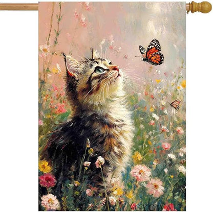 Spring House Flag 28x40 Inch Double Sided, Cat and Butterfly Floral Garden Flags Large Burlap Outdoor Yard Flag for Farmhouse Holiday Outside Decorations