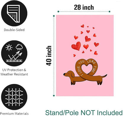 Dachshund Valentine House Flag Weiner Dog Valentines Day Garden Decorative for Outside 28 x 40 Double Sided I Love You Long Time Holiday Anniversary Yard Banner
