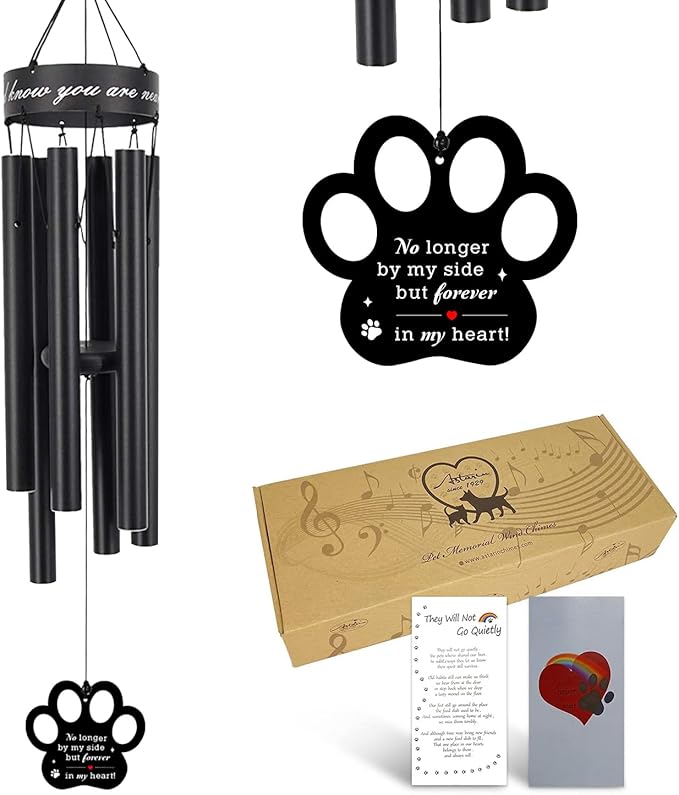 Pet Memorial Wind Chime, 30 Inches Paw Print Pet Remembrance Gift to Honor and Remember a Dog, Cat, or Other Pet, Premium Metal Wind Chime, Black