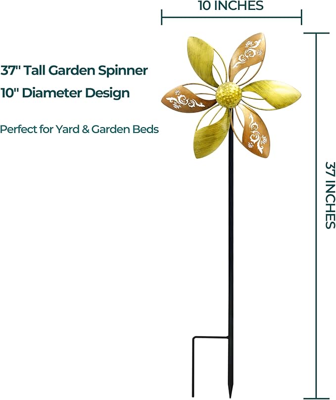 37" Metal Wind Spinner for Yard & Garden, 10" Kinetic Outdoor Garden Spinner, Rust-Resistant Decorative Yard Art (Gold Ornate Laser-Cut Floral)