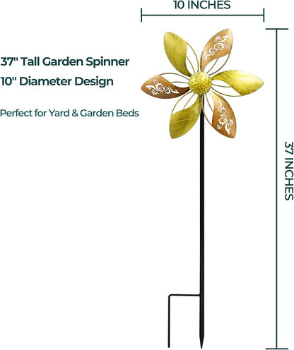 37" Metal Wind Spinner for Yard & Garden, 10" Kinetic Outdoor Garden Spinner, Rust-Resistant Decorative Yard Art (Gold Ornate Laser-Cut Floral)