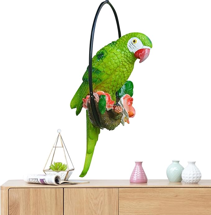 Hanging Parrot Statue Outdoor,Parrot Sculpture Decor for Outdoor Decor, Bird Decoration with Iron, Parrot Statue for Tree Lawn Garden Porch, Landscape Ornament
