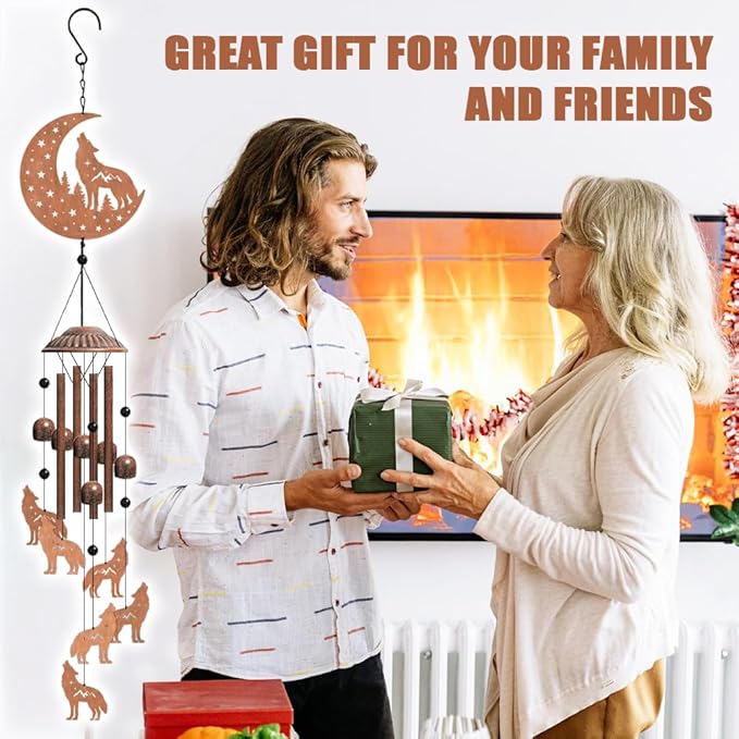 OLYCRAFT Howling Wolf Wind Chimes Moon Star Iron Bells Memorial Chimes Decorative Metal Bell Creative Hanging Pendants Forest Wind Catcher Wolf Dream Catcher for Home Patio Garden Yard Wedding Decor