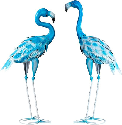 Set of 2 Metal Flamingo Garden Statues, Yard Flamingo Outdoor Decor for Lawn Patio Garden Backyard Display (Blue)