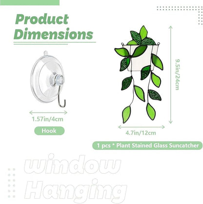Stained Glass Window Hanging Green Plant Window Suncatcher Handcrafted Faux Plant Stained Glass Panel Sun Catcher for Plant Lovers,Unique Home Indoor&Outdoor Decor (Green)