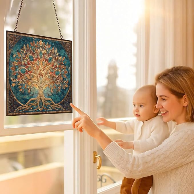 Rectangle Mosaic Sacred Geometry Tree of Life Stained Glass Suncatcher Window Hangings, Suncatchers Colorful Glass Panel Sun Catchers Gifts, Decoration for Home Garden Christmas Party